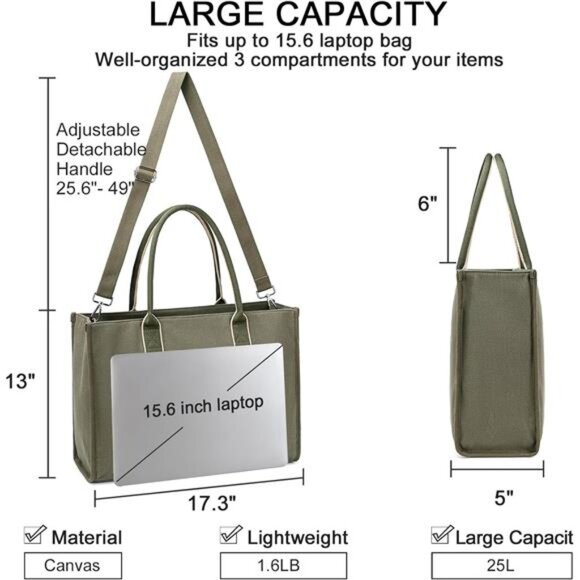 Laptop Tote Bag for Women Work Shoulder Bag 15.6 Inch Canvas Messenger Purse - Picture 6 of 7